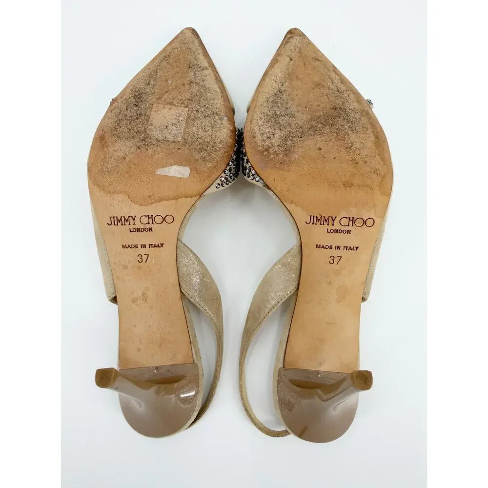 Jimmy Choo Desai Shimmer Beige Crystal Pointed Toe Slingback Pump Heels 37